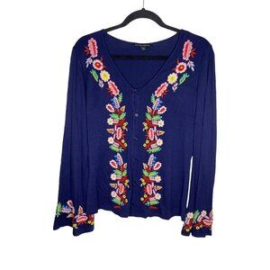 Boston Proper Cardigan Size XS Women's Floral Embroidered Boho Long Sleeve Blue